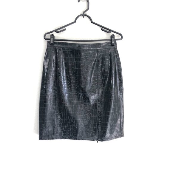 Vintage Tempo Paris Black Faux Croc Embossed Mini Skirt Size 8 - Picture 1 of 8